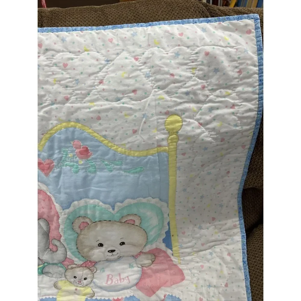 Grandma Handmade‎ Baby Quilt Bears Duck Blocks Elephant Blanket 33X42 Vintage